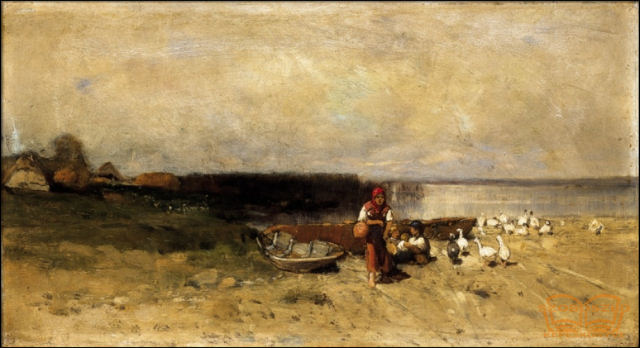 Lányok vízparton libákkal